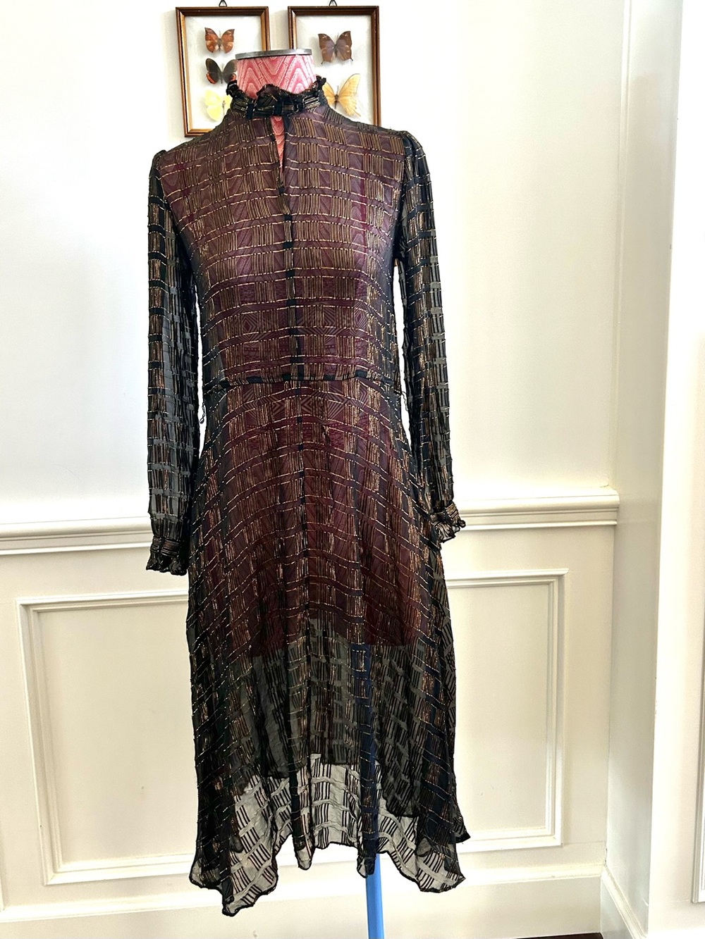 70s Silk Sheer Black and Gold Midi Dress